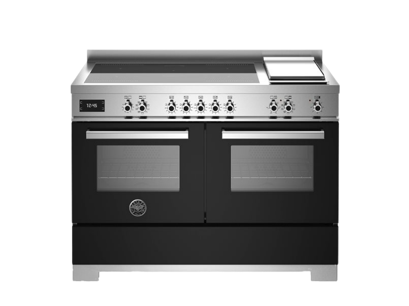 A professional series Bertazzoni range with a 120 cm induction top and griddle. It has a black finish with stainless steel accents and features a control panel on the right side.