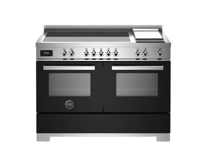 A professional series Bertazzoni range with a 120 cm induction top and griddle. It has a black finish with stainless steel accents and features a control panel on the right side.
