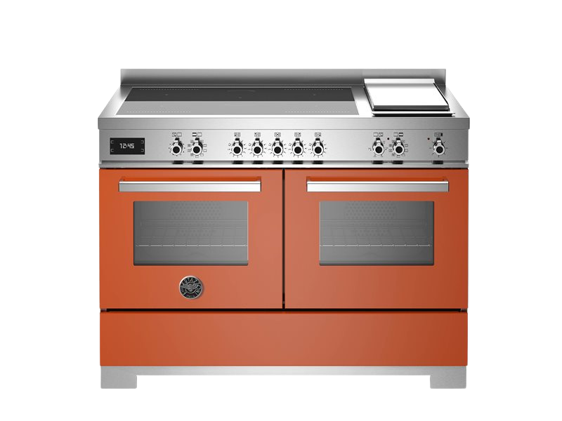 A professional series Bertazzoni range with a 120 cm induction top and griddle. It has a red finish with stainless steel accents and features a control panel on the right side.