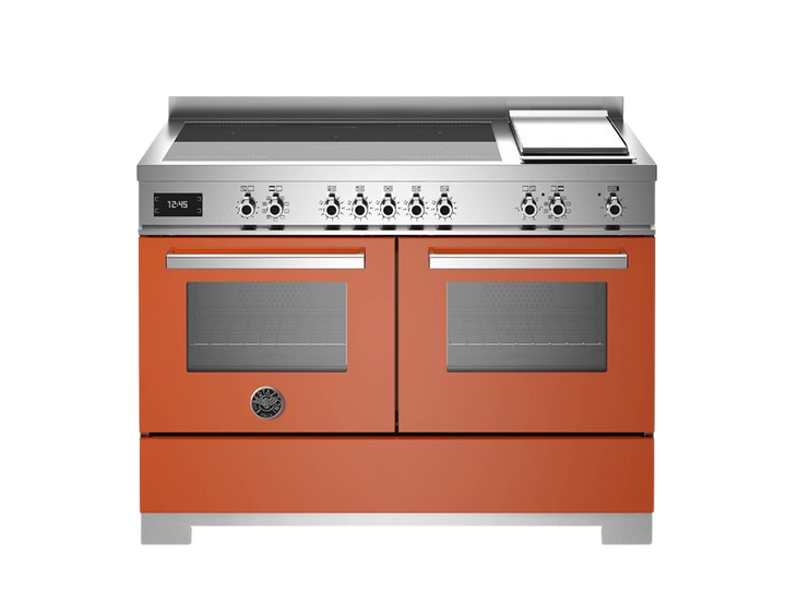A professional series Bertazzoni range with a 120 cm induction top and griddle. It has a red finish with stainless steel accents and features a control panel on the right side.