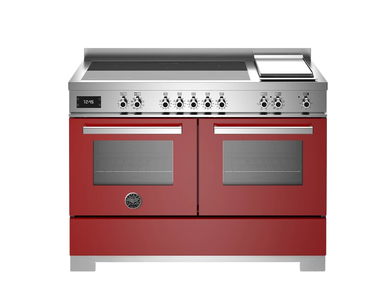 A professional series Bertazzoni range with a 120 cm induction top and griddle. It has a dark red finish with stainless steel accents and features a control panel on the right side.