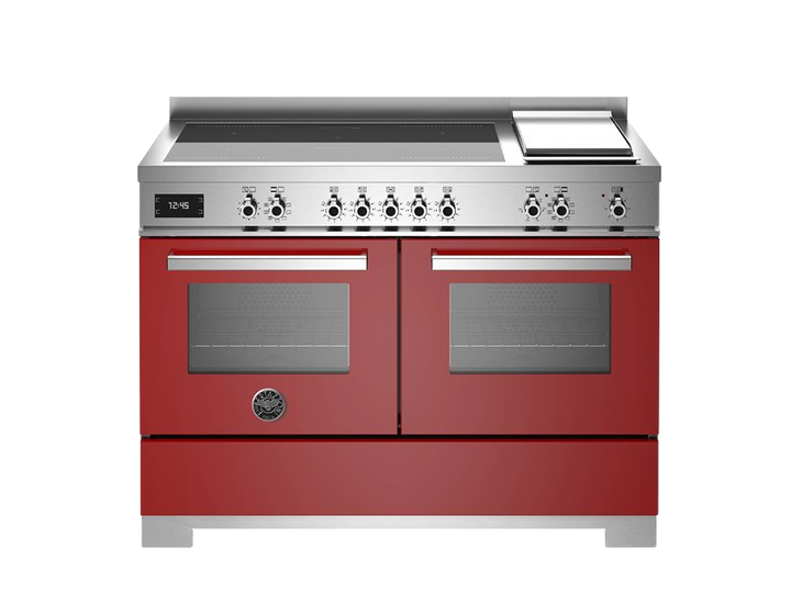 A professional series Bertazzoni range with a 120 cm induction top and griddle. It has a dark red finish with stainless steel accents and features a control panel on the right side.