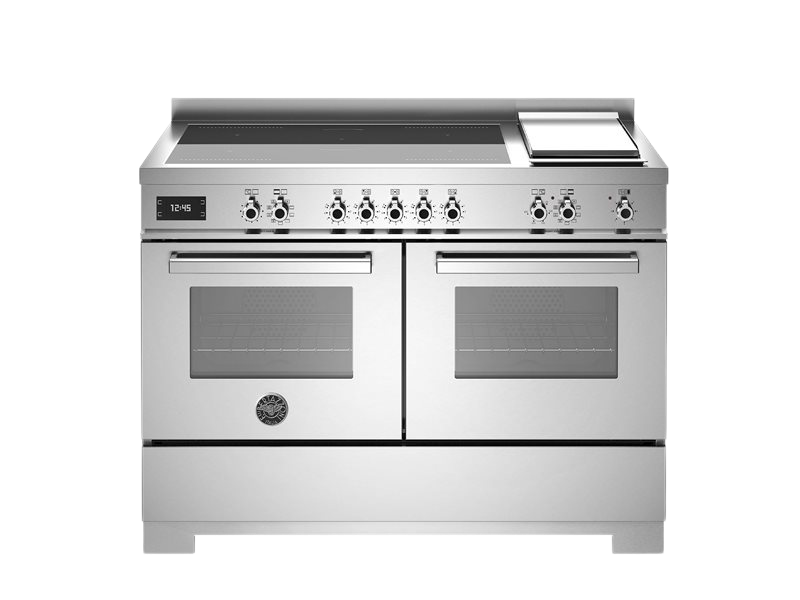 A professional series Bertazzoni range with a 120 cm induction top and griddle. It has a stainless steel finish with stainless steel accents and features a control panel on the right side.