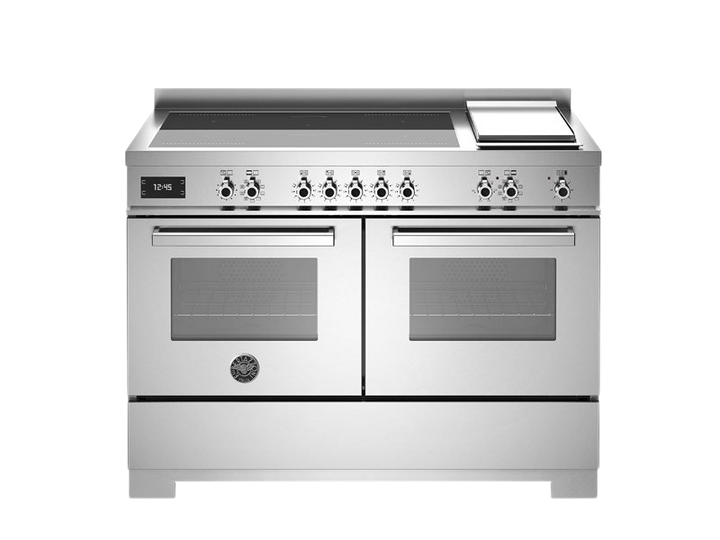 A professional series Bertazzoni range with a 120 cm induction top and griddle. It has a stainless steel finish with stainless steel accents and features a control panel on the right side.