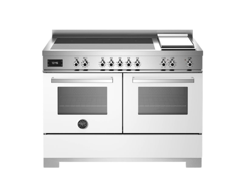 Stainless steel kitchen range with multiple burners and oven doors on a white background