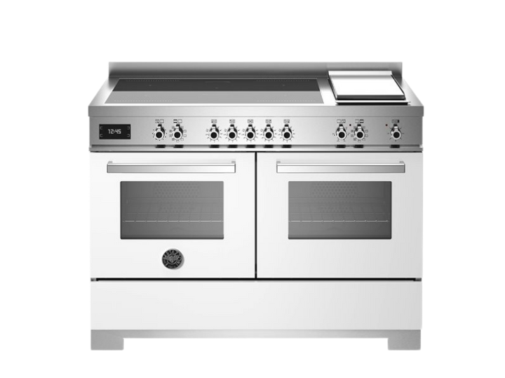Stainless steel kitchen range with multiple burners and oven doors on a white background