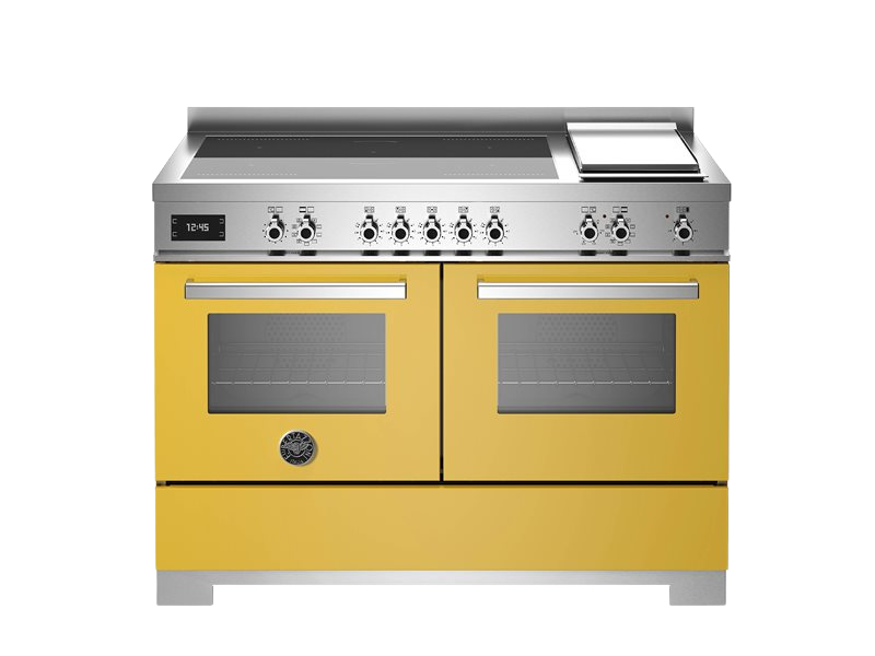 Yellow kitchen range with silver cooktop on a white background