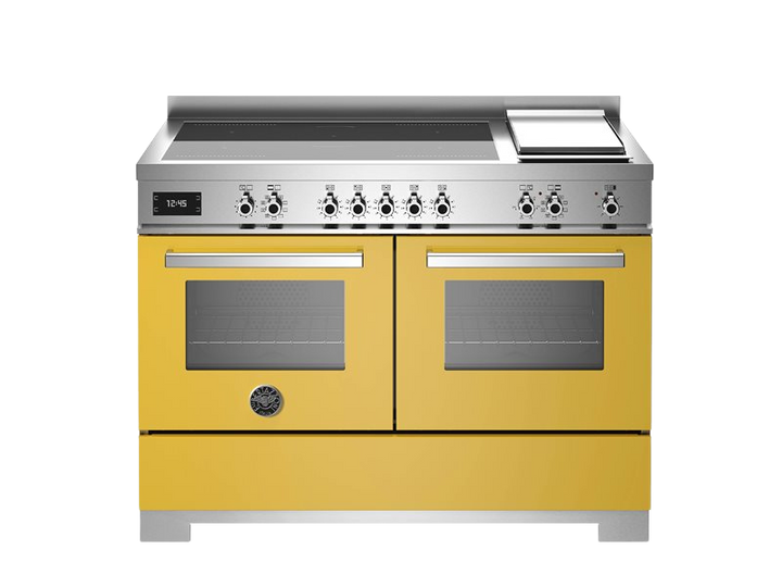 Yellow kitchen range with silver cooktop on a white background