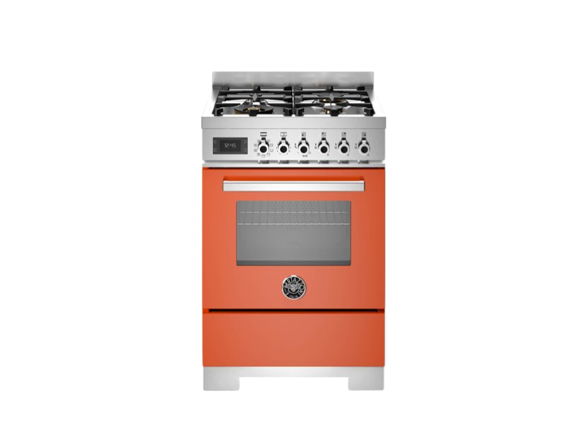 An orange Bertazzoni 60 cm 4-burner electric oven with a stainless steel finish on the burners and a brass logo on the front.