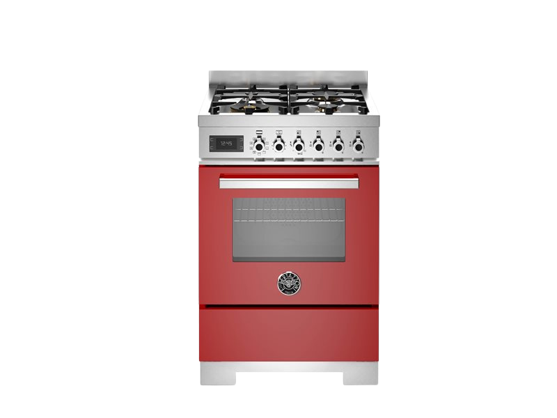 bertazzoni professional series range cooker in red with gas top in front of a white background