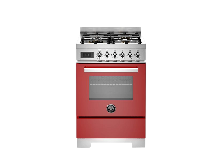 bertazzoni professional series range cooker in red with gas top in front of a white background