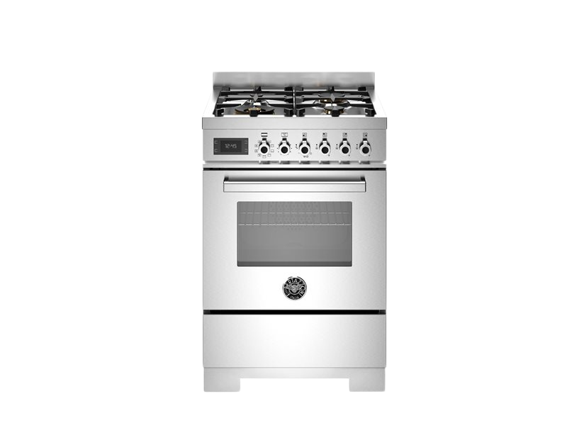 bertazzoni professional series range cooker in stainless steel with gas top in front of white background