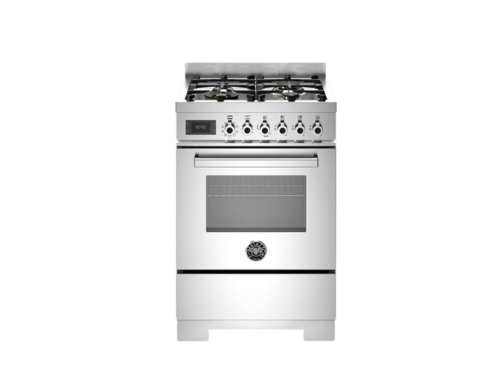 bertazzoni professional series range cooker in stainless steel with gas top in front of white background