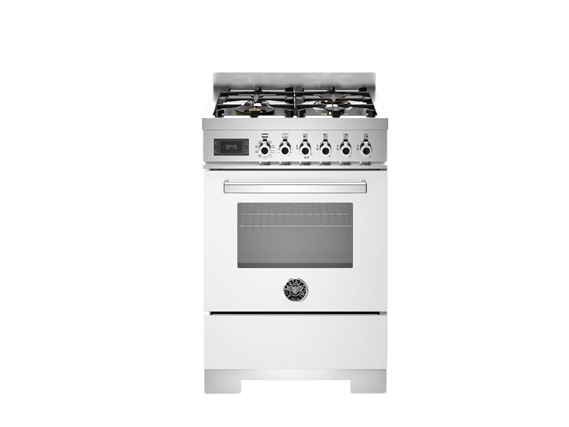 bertazzoni professional series range cooker in white with gas hob sitting in front of a white background