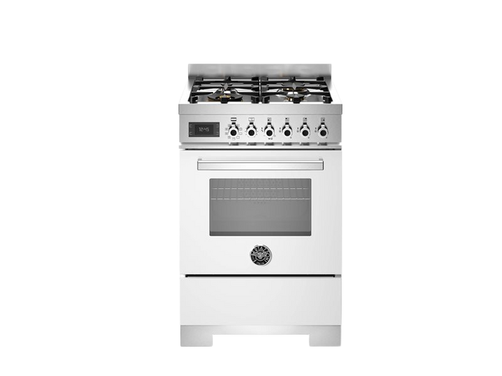 bertazzoni professional series range cooker in white with gas hob sitting in front of a white background