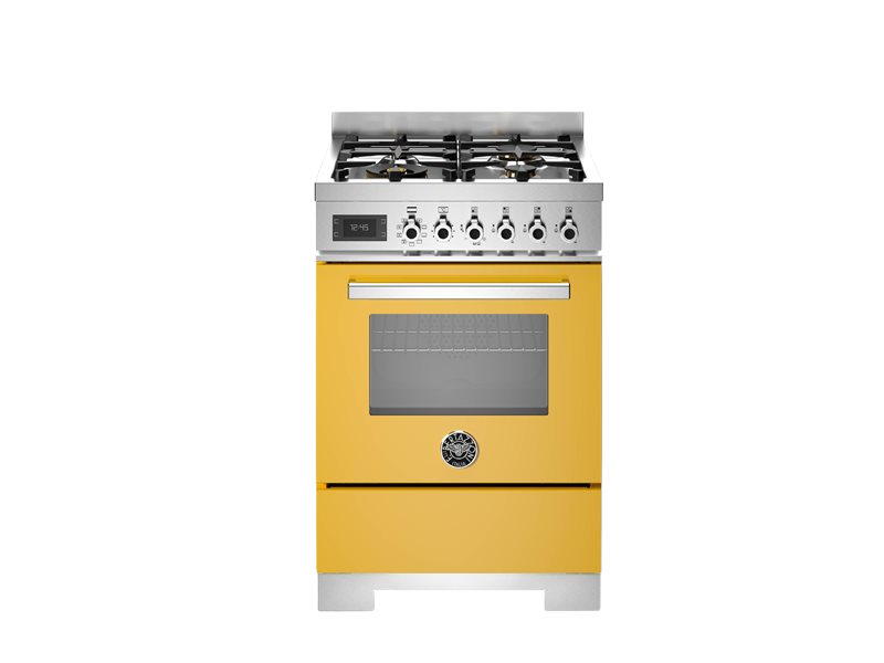 bertazzoni range cooker professional series with gas top in yellow sitting in front of a white background