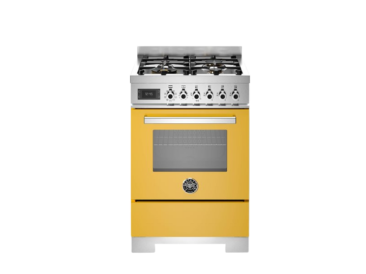 bertazzoni range cooker professional series with gas top in yellow sitting in front of a white background