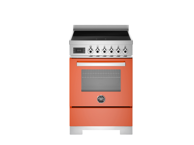 bertazzoni range cooker professional series with induction top and orange colour, in front of a white background