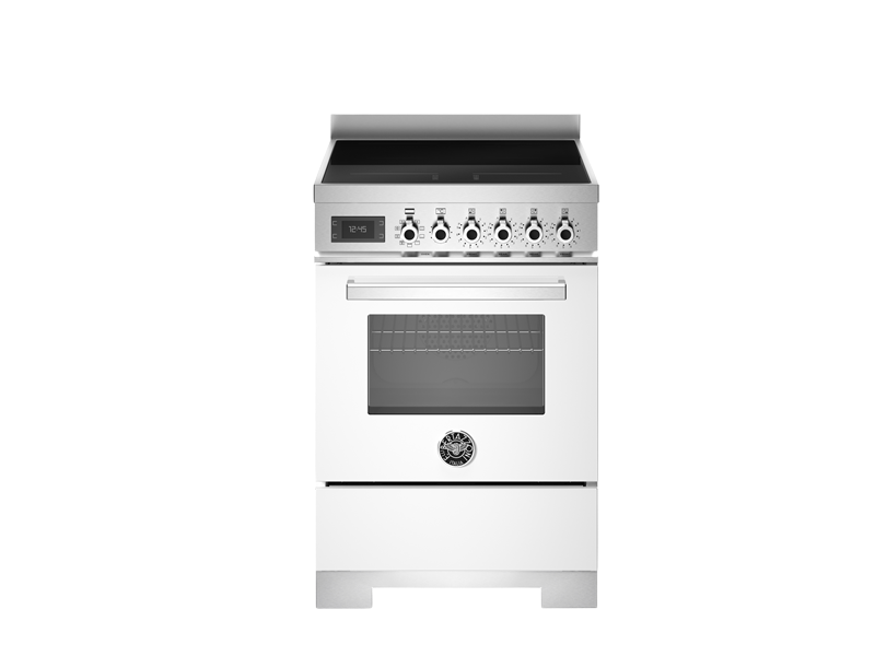 A white Bertazzoni Professional Series induction top electric oven with a stainless steel control panel and a glass door.