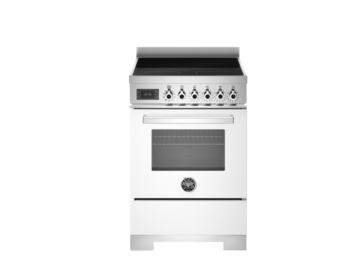 A white Bertazzoni Professional Series induction top electric oven with a stainless steel control panel and a glass door.