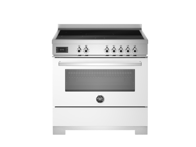 bertazzoni professional series white range cooker with induction top sitting in front of a white background