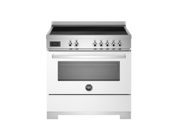 bertazzoni professional series white range cooker with induction top sitting in front of a white background