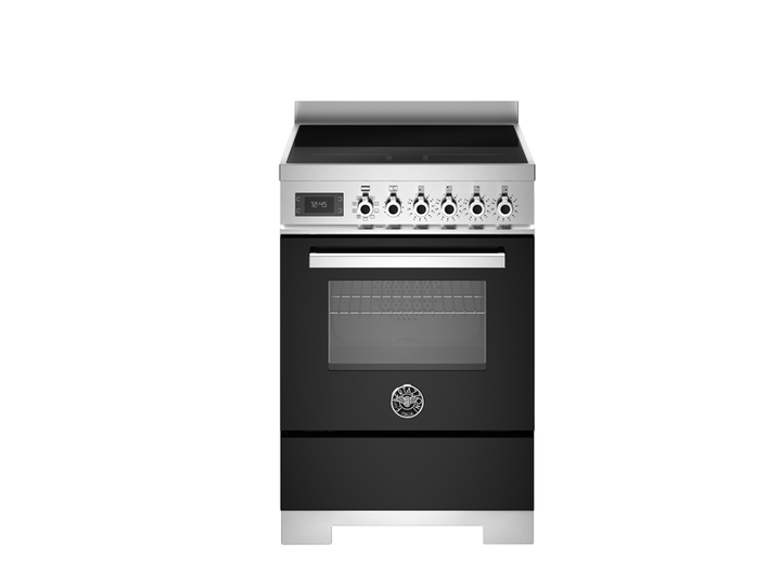 A freestanding electric range hood with a black glass cooktop and oven door, accented by a brushed silver stainless steel trim and control panel.