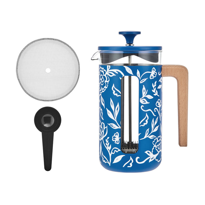 La Cafetière Pisa 8 Cup 1L Stainless Steel Cafetiere in Blu Fiorato