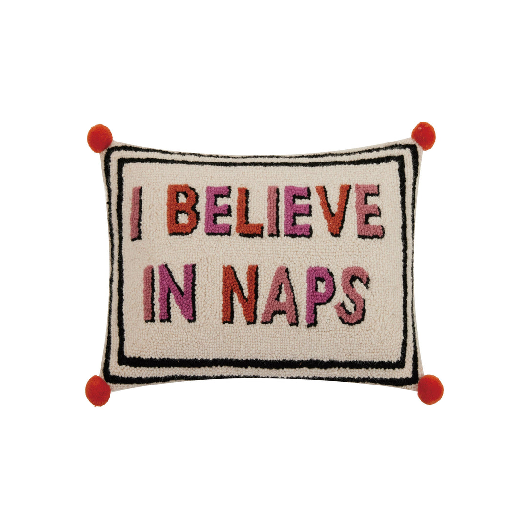 I believe in naps embroidered cushion with white background