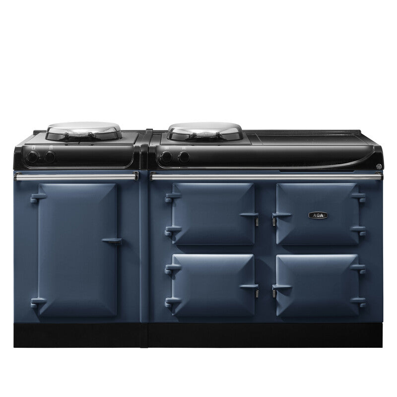 A blue AGA R3 Series 170 electric range cooker with induction hob, featuring a cast-iron roasting oven, an enamelled baking/simmering oven, a warming oven, and an integrated infrared grill.