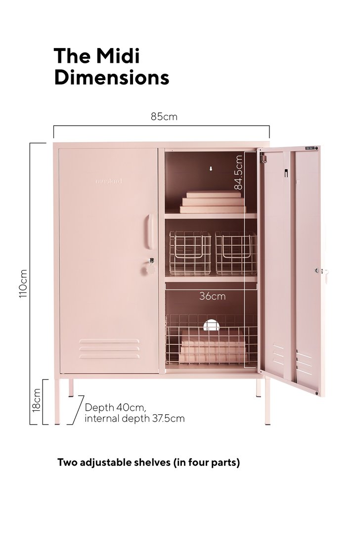 Mustard Made The Midi Locker in blush with the dimensions attached to the image