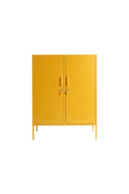 Mustard Made The Midi Locker in mustard infront of a white background with the doors closed