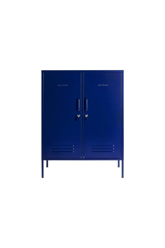 Mustard Made The Midi Locker in navy with doors closed infront of a white background