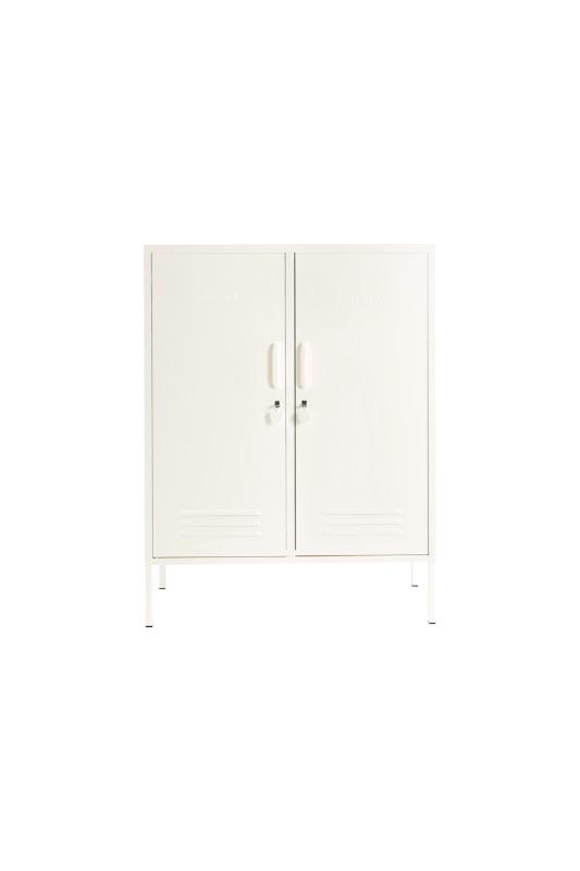 Mustard Made The Midi Locker in white infront of a white background and the doors closed