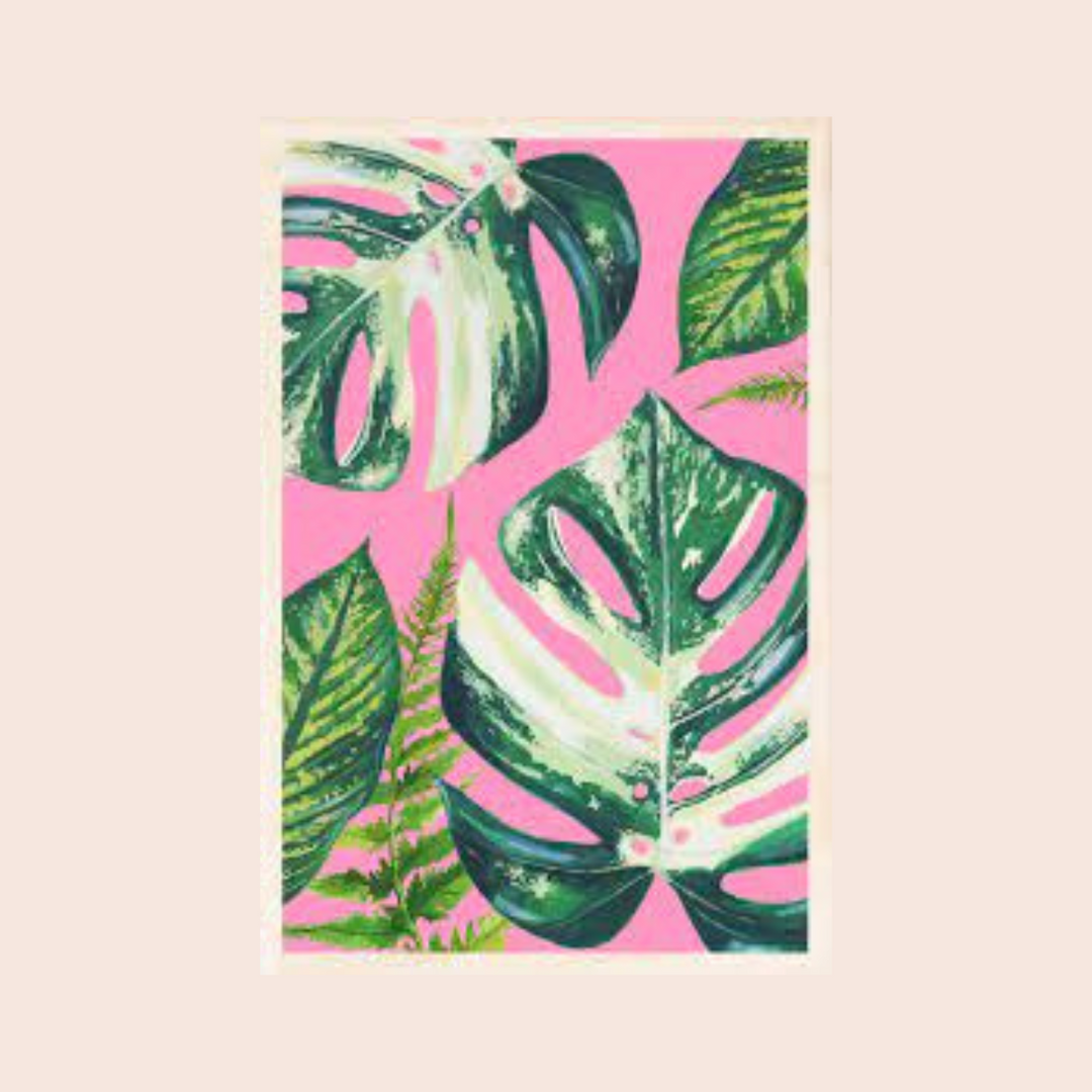 Wooden Postcard: Monstera Leaves on Pink