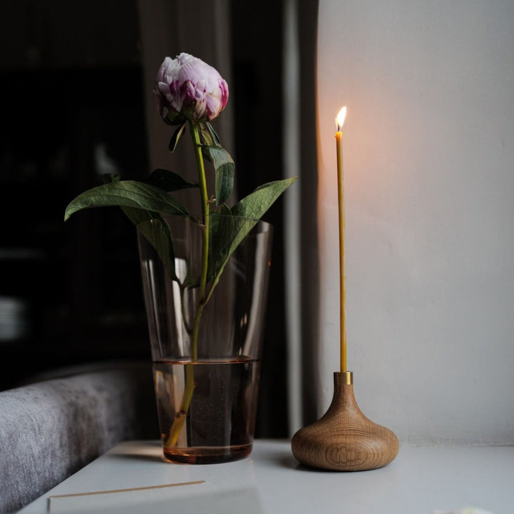 Bud Solid Oak & Brass Candle Holder