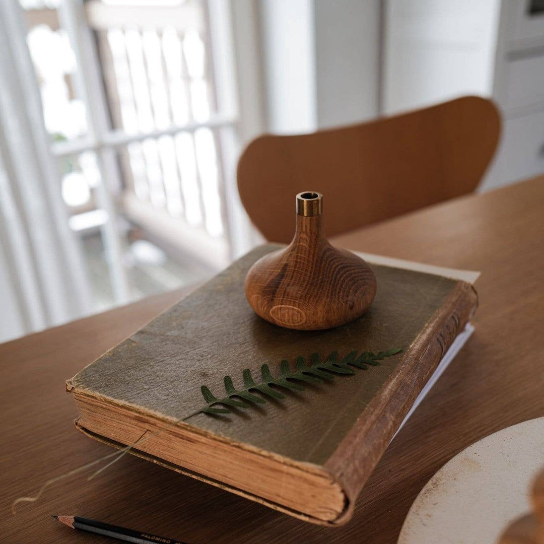 Bud Solid Oak & Brass Candle Holder
