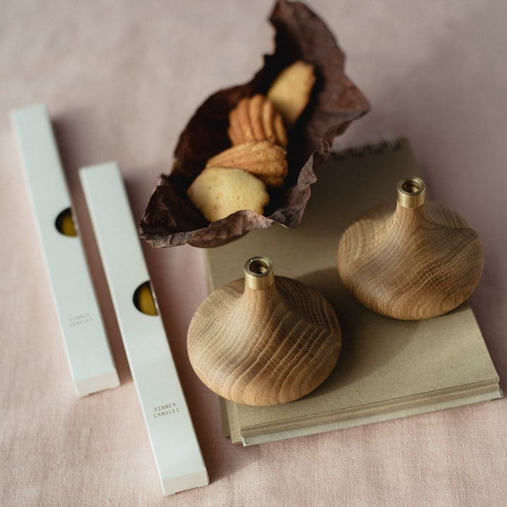 Bud Solid Oak & Brass Candle Holder