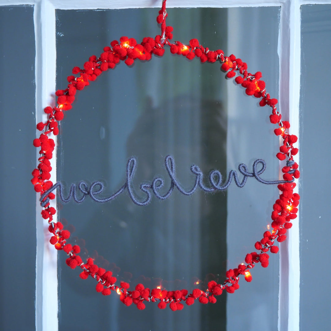 We Believe Pom Pom Wreath - Red/Warm Grey