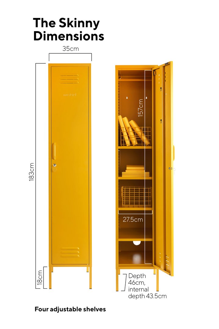 Mustard Made The Skinny Locker in mustard with the door open and closed showing the dimensions 