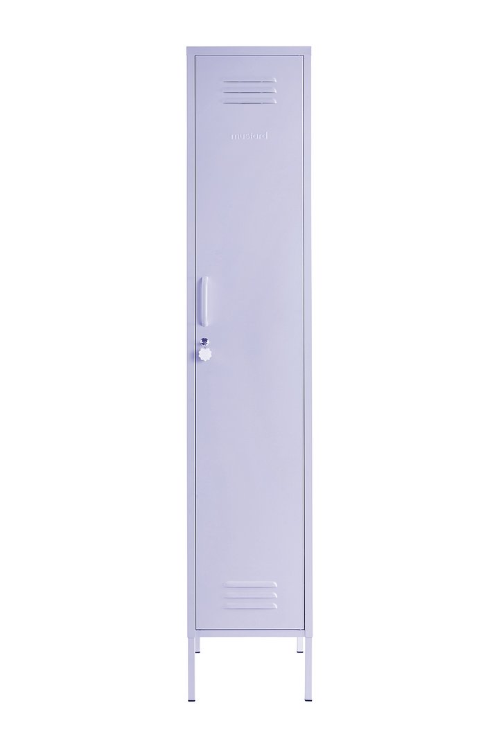 Mustard Made The Skinny Locker with the door closed in lilac infront of a white background