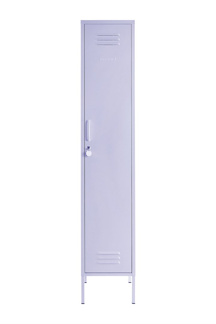 Mustard Made The Skinny Locker with the door closed in lilac infront of a white background