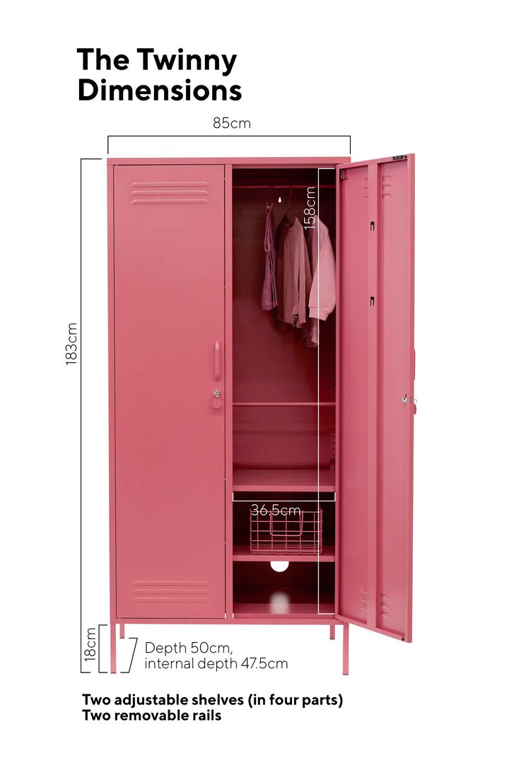 Mustard Made The Twinny Locker in berry pink with the dimensions listed on the image