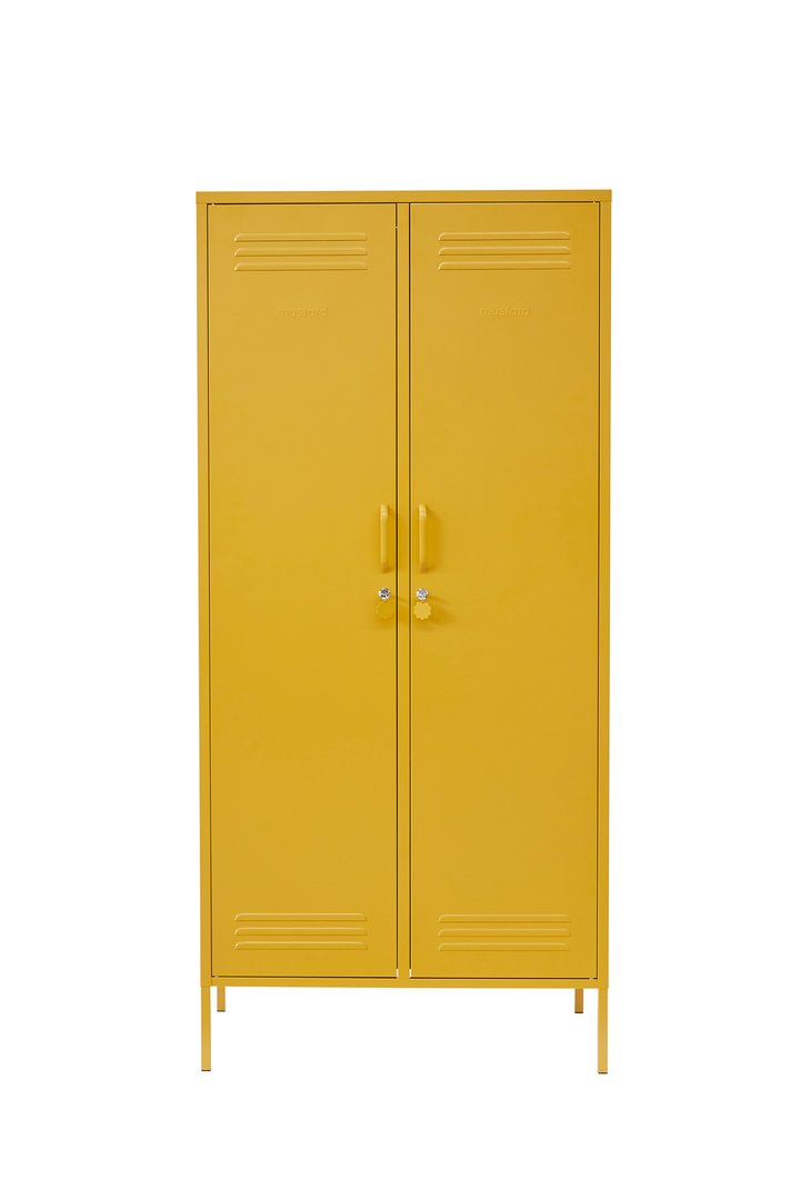 Mustard Made The Twinny Locker in mustard with the doors closed infront of a white backrgound