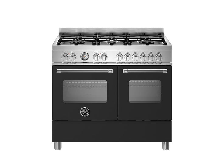Bertazzoni master series 100 cm 6 burners double oven in black with silver top and handles