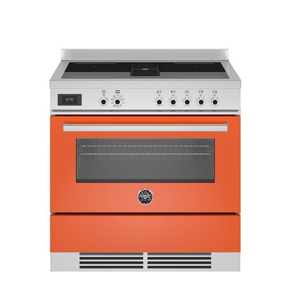 Bertazzoni Professional Series - 90 cm Air-Tec cooker with induction top and integrated hood, electronic oven in orange