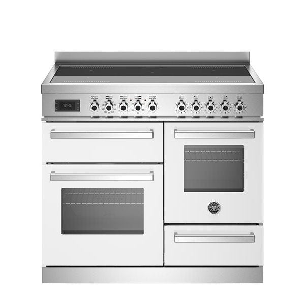 bertazzoni triple oven with induction top in white with stainless steel handles and top
