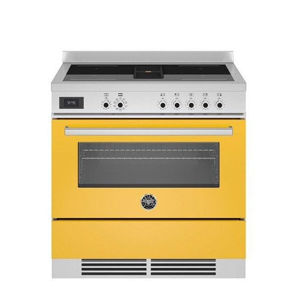 Bertazzoni Professional Series - 90 cm Air-Tec cooker with induction top and integrated hood, electronic oven in yellow 