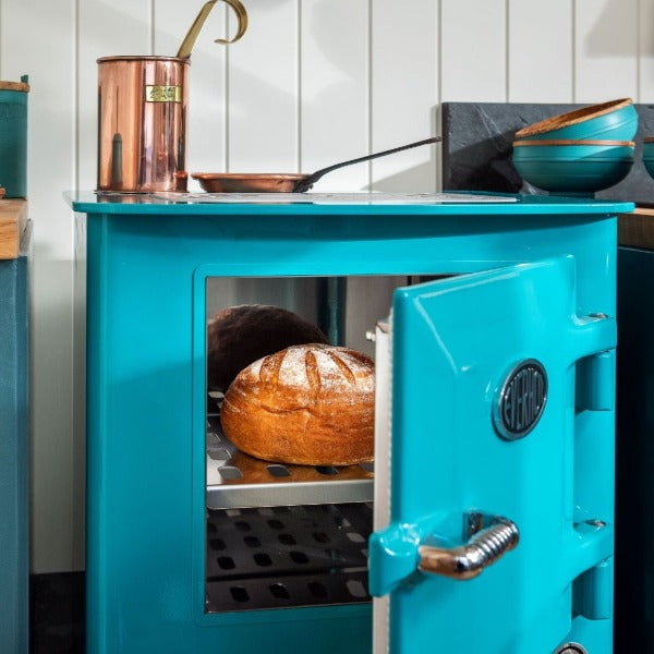 Blue Everhot Stove With cooked bread inside